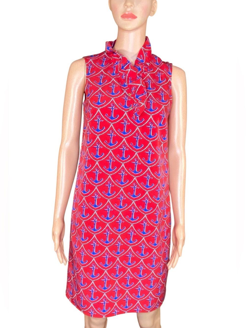 Talbots Sleeveless Dress Nautical Red White Blue Anchor Print Knee Length SZ 2P